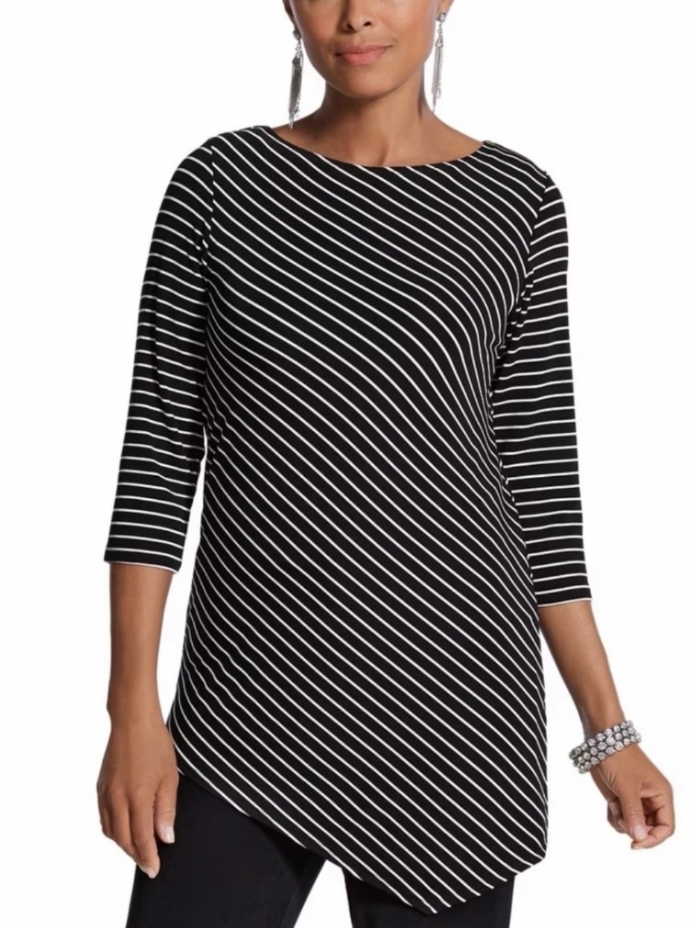 Chico’s Travelers Size 1 M Black White Striped Asymmetrical Hem Tunic Top